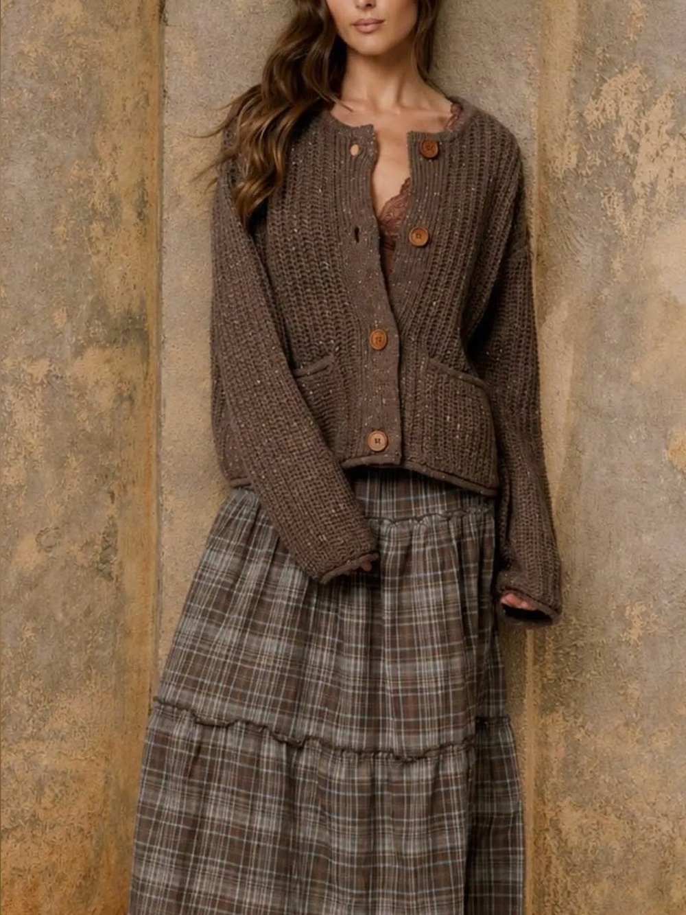 New Fall Trend Marled Button Down Raw Edge Chunky Knit Cardigan - Picture 6 of 7